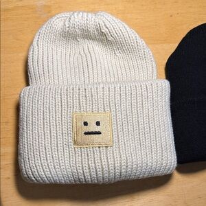 Cream Knit Beanie with Face Patch